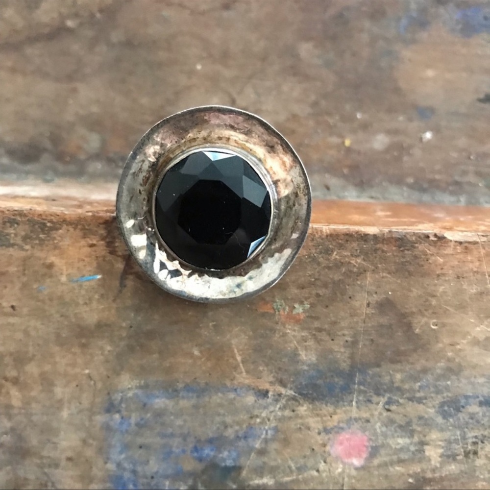 Vintage Large Obsidian Hammered Sterling Silver round Ring size 7 big huge - Picture 4 of 8